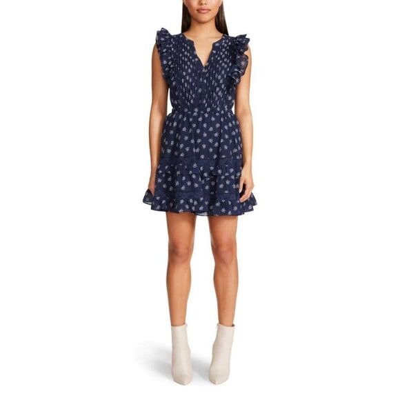 NWT BB Dakota X Steve Madden Blue Floral Next Door Mini Dress with Ruffle Sleeve - Picture 1 of 12
